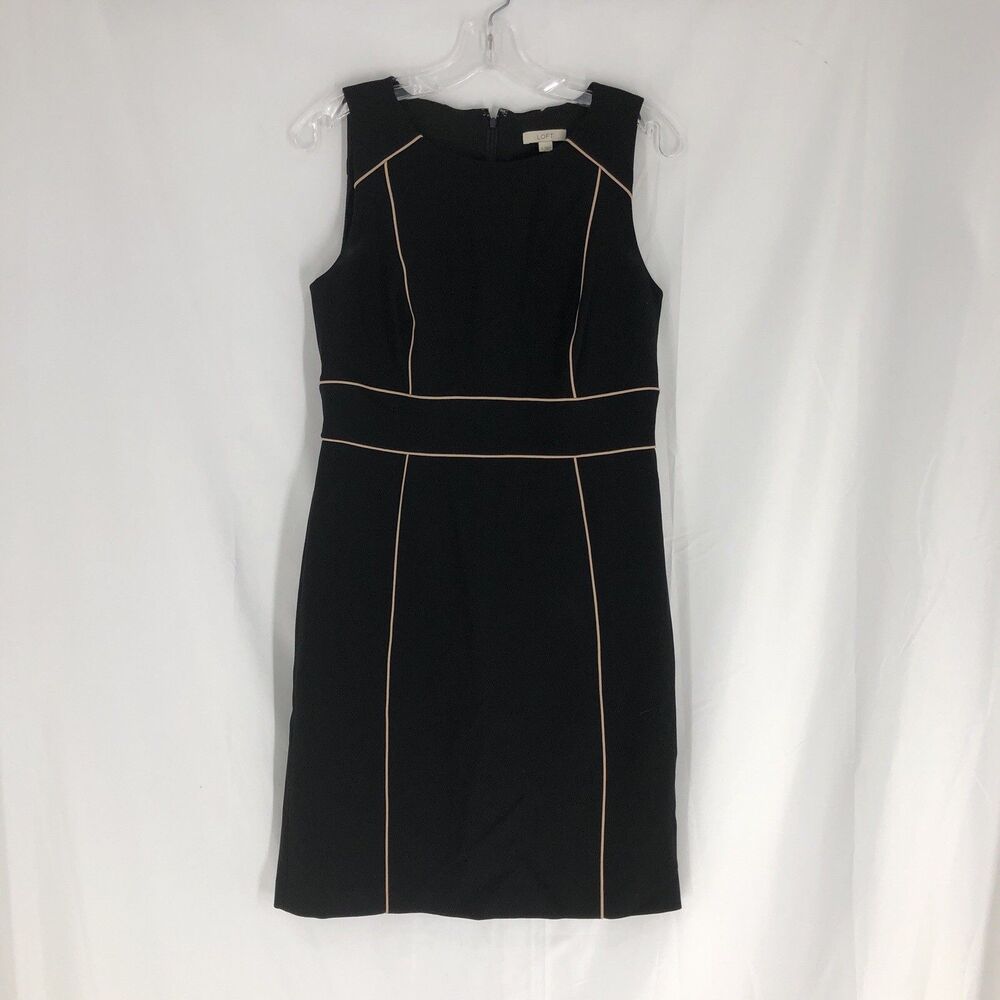 Loft Sheath Dress Sleeveless Black with Tan Piping Size 6